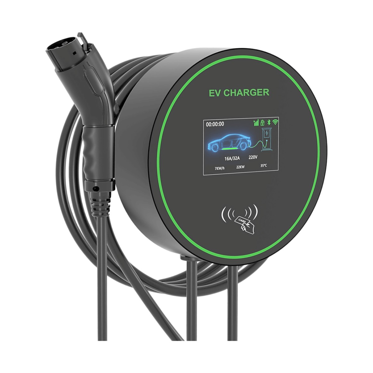 Estación de Carga para Vehículos Eléctricos / 48 A / 11.5 kW / Conector Tipo 1 (SAE J1772) / 220-250 V Monofásico / Pantalla LCD 4.3 in (10.9 cm) / Cable TPU 5 m (16.4 ft) / Plug and Play / APP Móvil / RFID / Carcasa Alu