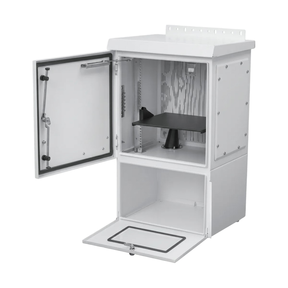 Gabinete Para Exterior OSP ComLine de 18 UR con espacio para Baterías, 700 mm de Ancho, 600 mm de Profundidad De Aluminio, Color Gris Claro Con Protección NEMA 4/12/4X/3/3R; IP66