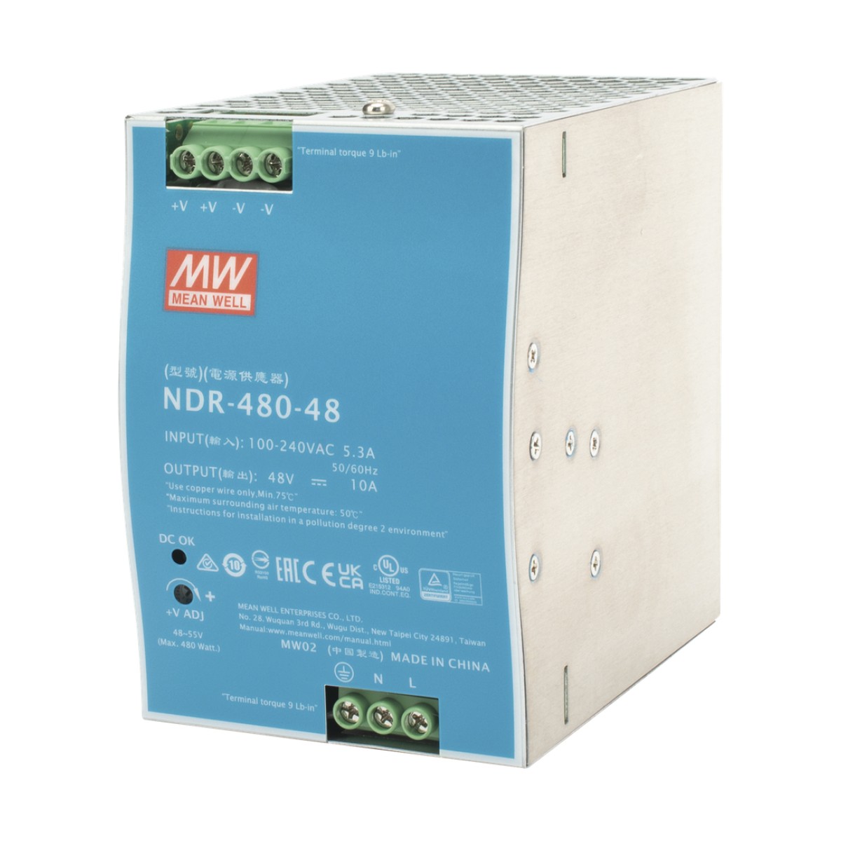 Fuente de Poder Industrial de 480W, salida 48 Vcc, para montaje en riel Din