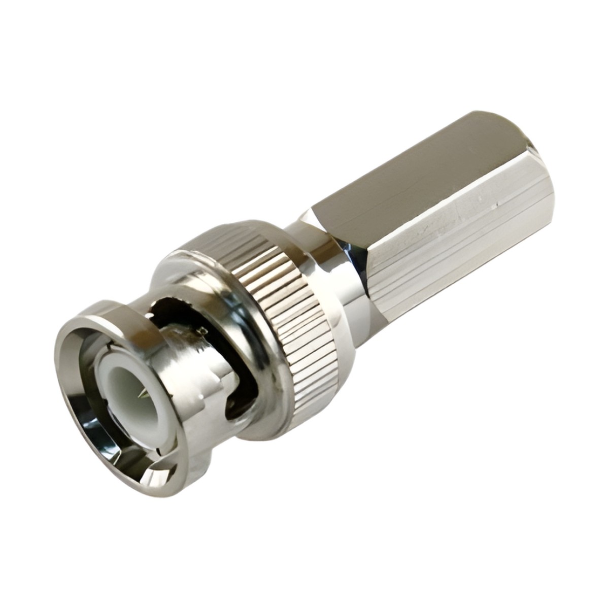 Conector BNC Macho de Ensamble Roscable (Hex.) en Sentido de las Manecillas de Reloj para Cable Coaxial RG-59/U, Níquel/ Oro/ Delrin.