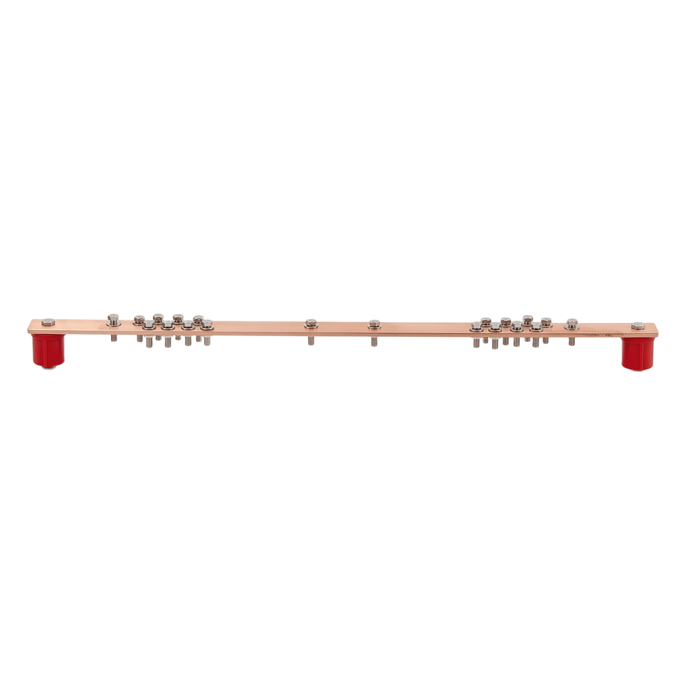 Barra Distribución Tierra Rack 19 in / Cobre 100% / 550A / Aisladores Rojos / 0.64 cm (0.25 in) / J-STD-607-A