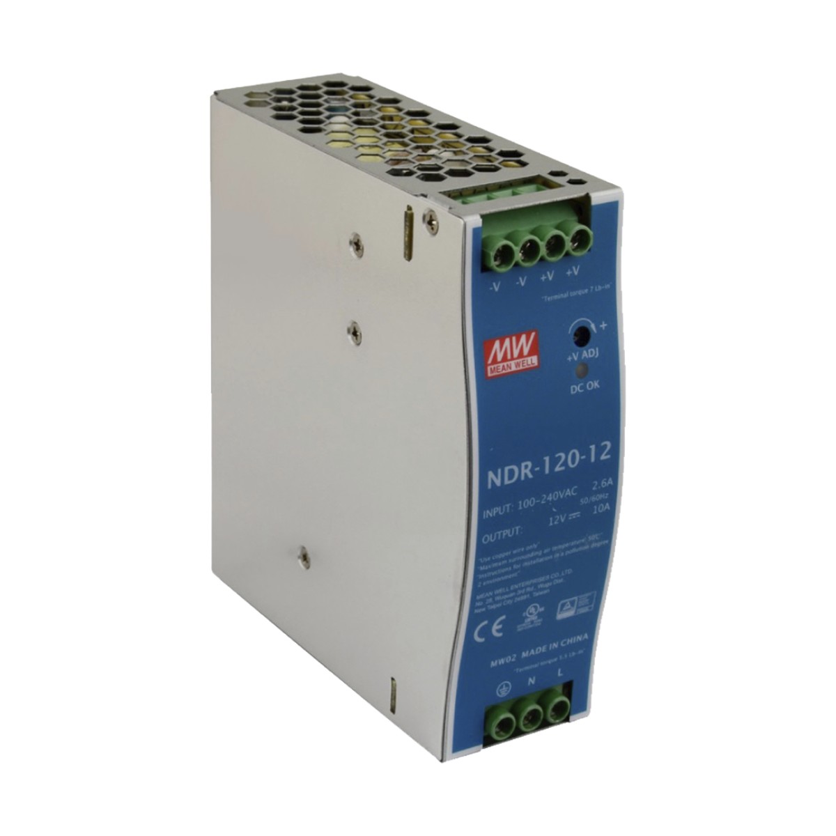 Fuente de poder industrial de 120 W, salida 12 Vcc, entrada 90~264 VCA, para montaje en riel DIN,
