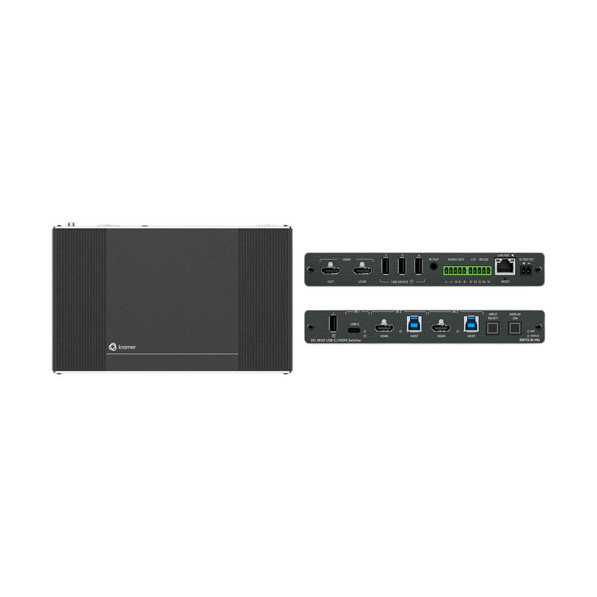 Auto-Switcher | 1 USB-C + 2 HDMI/USB Inputs | HDMI Output | USB 3.2 Switching | 4K@60Hz | HDCP 2.3 | PoE | MegaTOOLS Enclosure