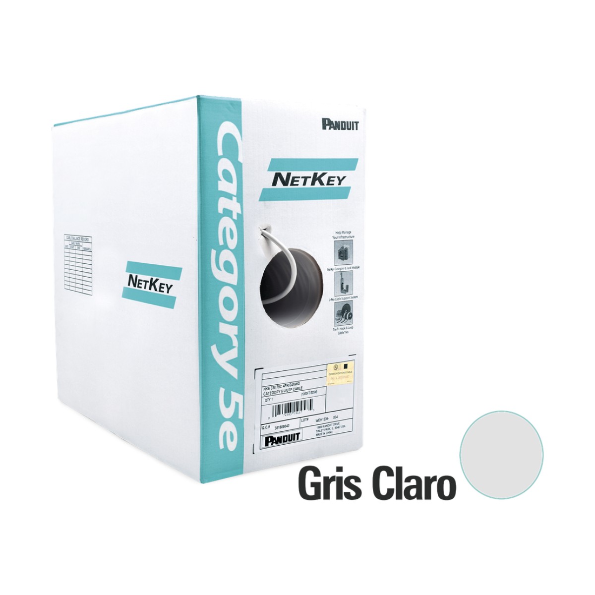 Bobina de Cable UTP 305 Metros (1000 Pies) de Cobre, NetKey, Gris Claro, Categoría 5e (24 AWG), Riser (CMR), de 4 Pares