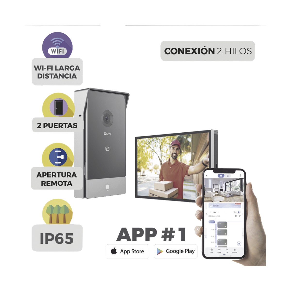 Videoportero IP Conexión a 2 Hilos / Con Monitor Wi-Fi para Interior / Frente de Calle  IP65 Uso En Exterior Debe Tener Protección / Cámara 3 Megapíxel / Llamada a la App / Apertura remota  / Apertura de 1 Puerta y un 1 Porton