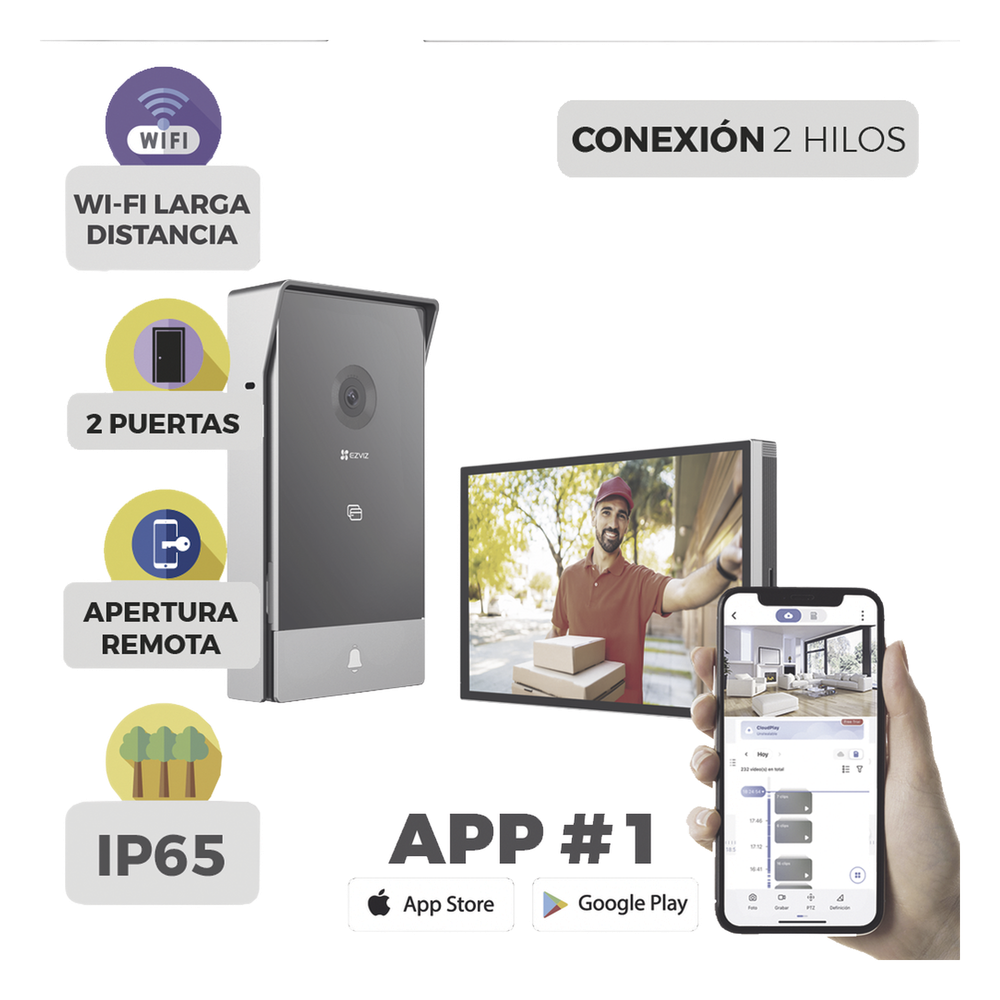 Videoportero IP Conexión a 2 Hilos / Con Monitor Wi-Fi para Interior / Frente de Calle  IP65 Uso En Exterior Debe Tener Protección / Cámara 3 Megapíxel / Llamada a la App / Apertura remota  / Apertura de 1 Puerta y un 1 Porton