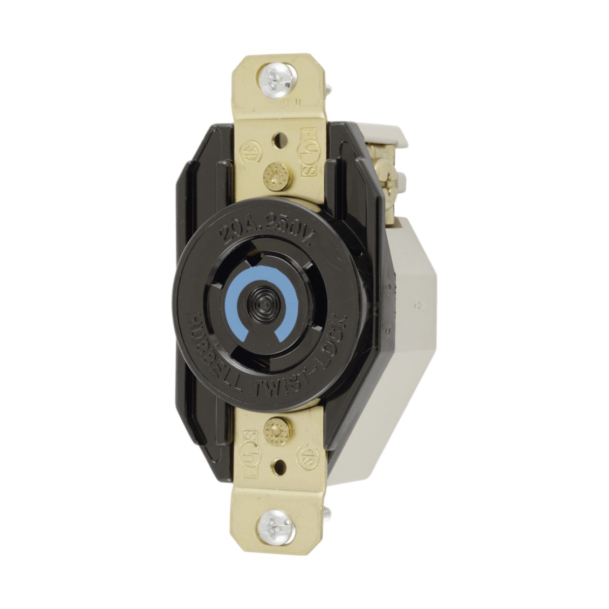 Receptáculo de Media Vuelta Industrial para Empotrar/ 20A  250V/ 2 Polos 3 Hilos/ NEMA L6-20R / Color Negro.