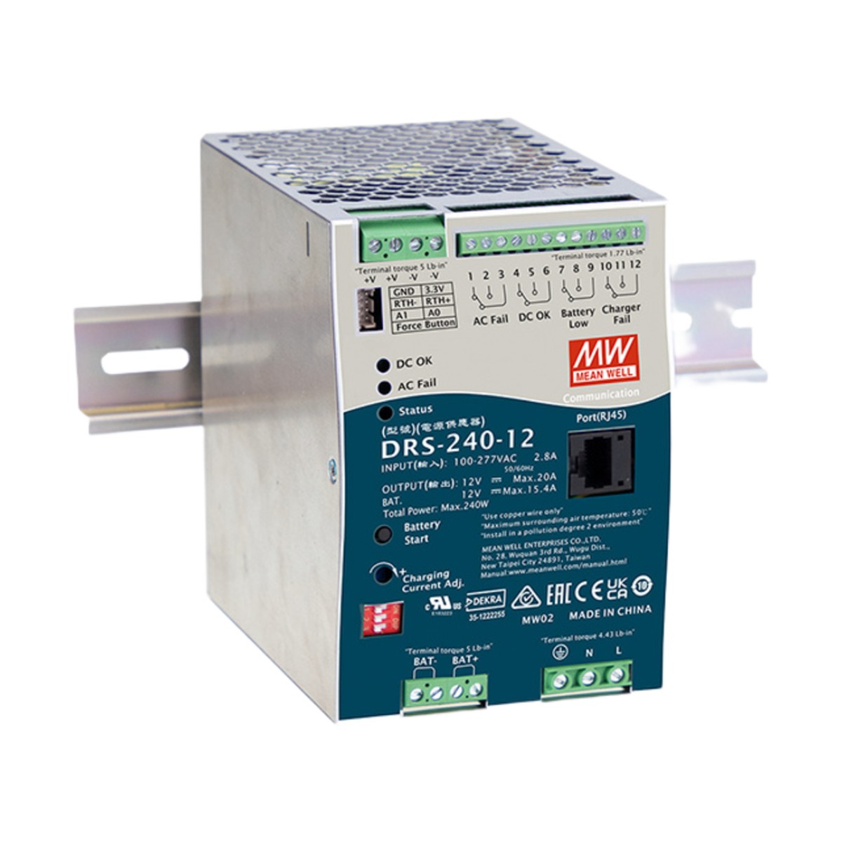 Fuente de Poder Industrial de 240W con Cargador de Baterías, salida 12Vcc, 20A, para montaje Riel Din
