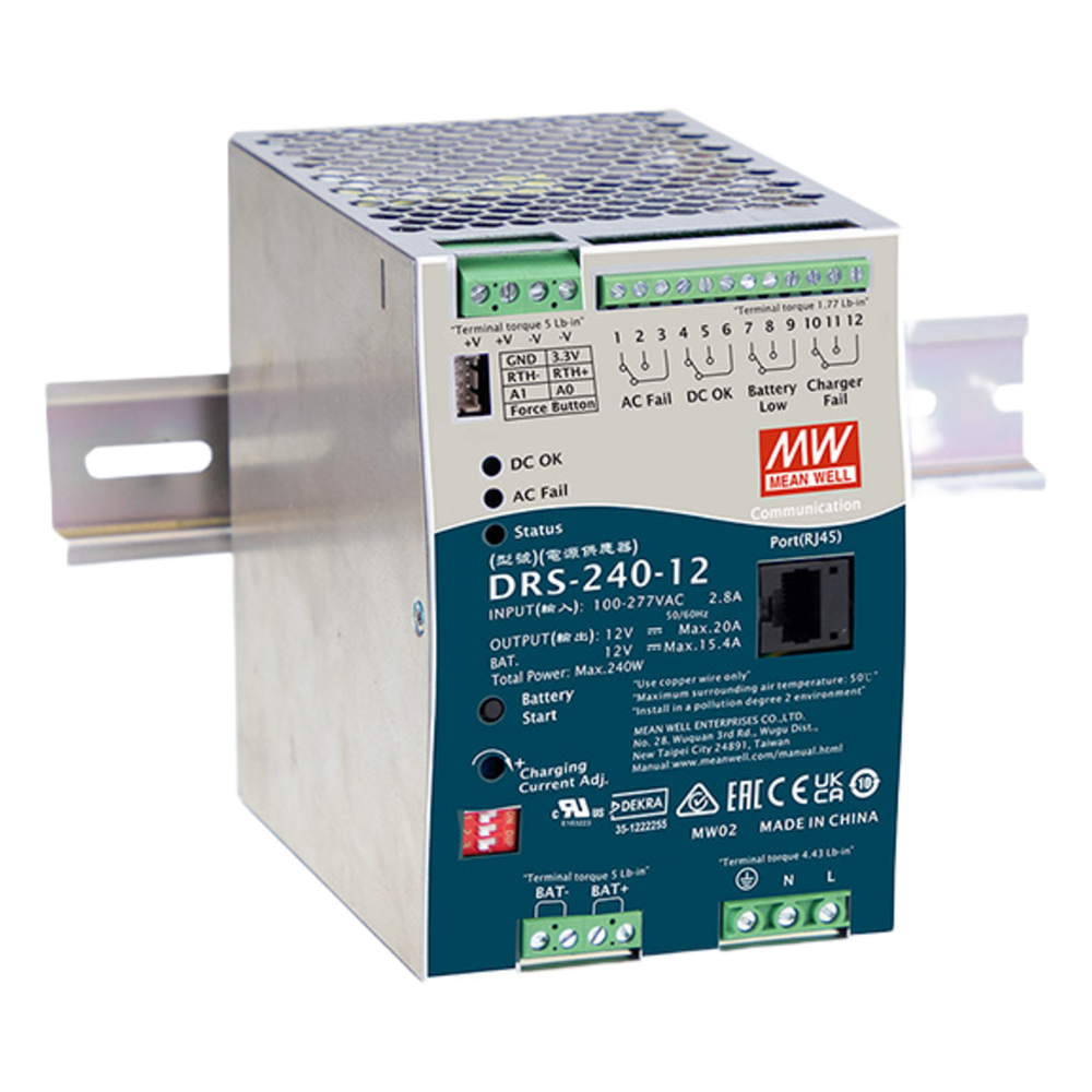 Fuente de Poder Industrial de 240W con Cargador de Baterías, salida 12Vcc, 20A, para montaje Riel Din