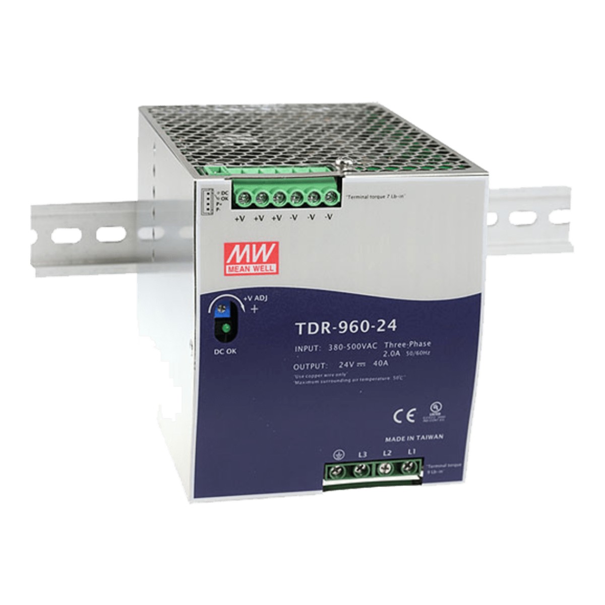 Fuente de Alimentación Industrial Trifásica 960W / Rango de Entrada 340 ~ 550VAC / Ancho 110mm / PFC Activo / Eficiencia 94.5% / Protecciones Completa / Montaje en Riel DIN / Corriente Compartida hasta 3840W