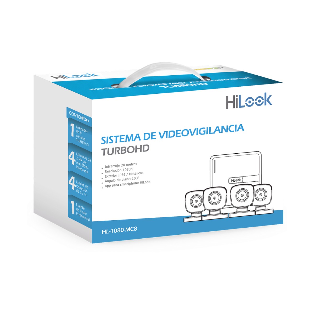 KIT TurboHD 1080p / DVR 8 canales con H.265+ / 4 Cámaras Bala Metálicas / Fuente de Poder / Accesorios de Instalación