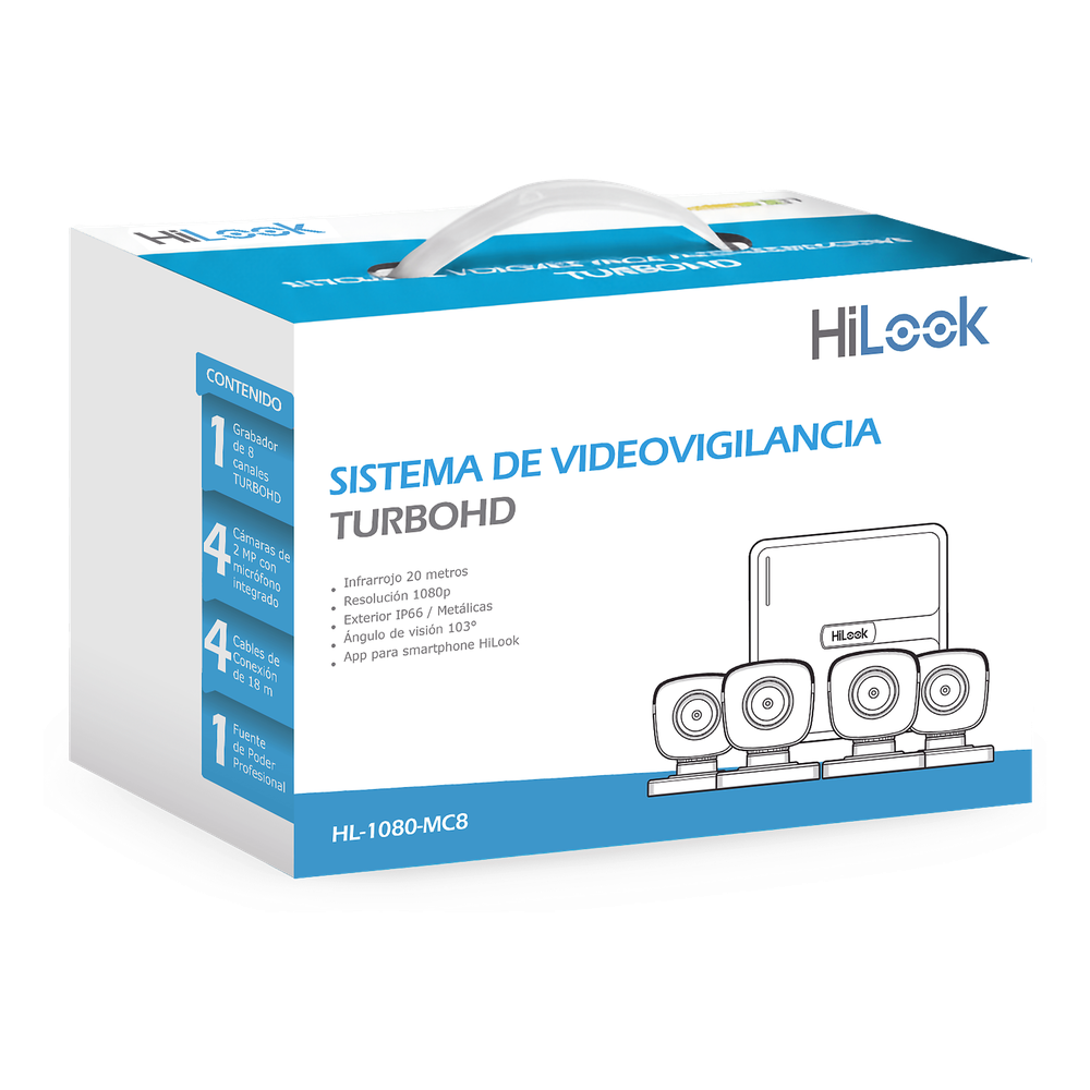 KIT TurboHD 1080p / DVR 8 canales con H.265+ / 4 Cámaras Bala Metálicas / Fuente de Poder / Accesorios de Instalación