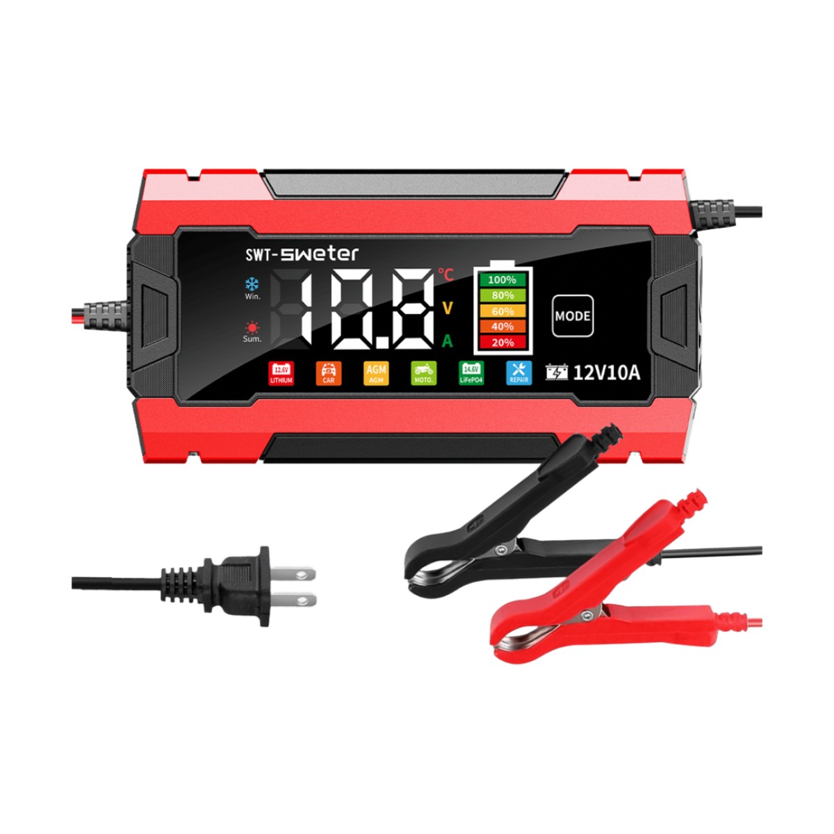 Cargador Inteligente Automático 3 Etapas / 12V 10A / Para Motocicleta, Auto, ATV / Baterías AGM, GEL, SLA, WET, DEEP CYCLE, Litio 12.6V, LiFePO4 14.6V / LCD / Protección Inversa Polaridad