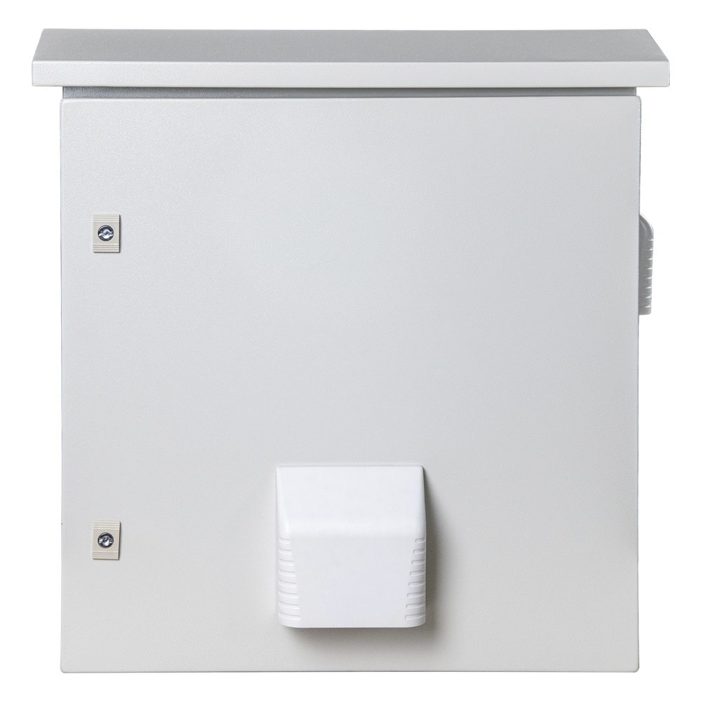 Gabinete Ventilado de Acero IP55 Uso en Exterior (593 x 609 x 399 mm) con Placa Trasera Interior Metálica y Compuerta Inferior Atornillable. Incluye Ventilador, Ventilas, filtros, Terminal de Tierra Física, Chapas y Ll