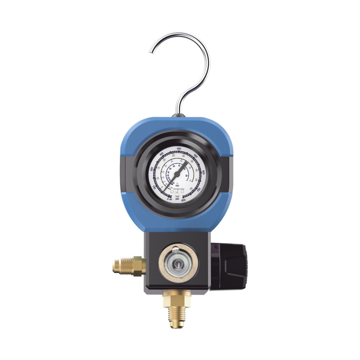 Manifold de Refrigeración AM1V 1 Válvula / Escala Compatible R22 R32/R410A R404A R407C / Interfaz 1/4" SAE / Diámetro 90 mm / Rango de Presión -30 inHg - 500 psi / Diseño Integrado Resistente a Impactos