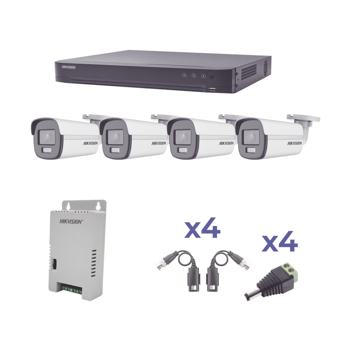 KIT COLORVU TURBOHD 1080p / DVR 4 Canales / 4 Cámaras Bala (exterior) lente 2.8mm / Fuente de poder profesional / Transceptores de video y Accesorios de corriente