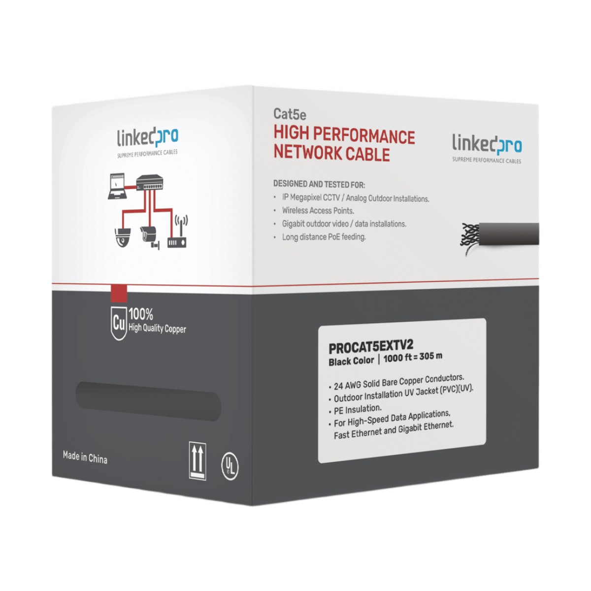 Bobina de cable de 305 m, Cat5e , FTP, blindado, para intemperie, color negro, UL, para aplicaciones en video vigilancia, redes de datos (Carrete Easy Pull)