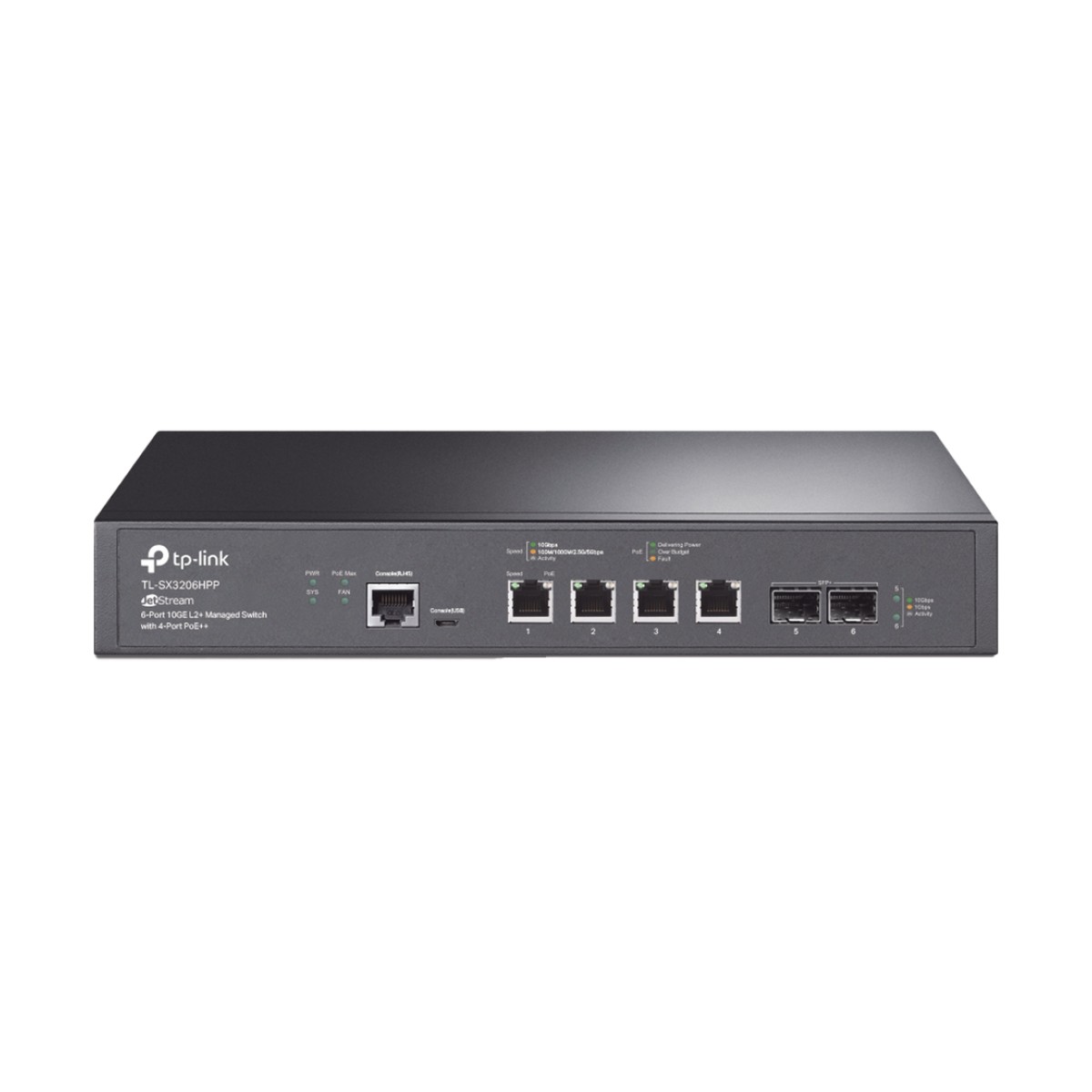Switch L2+ PoE++ Omada 6 Puertos 10G / 4 Puertos 802.3 af/at/bt  Multi-Gigabit  1G, 2.5G, 5G, 10G / 2 Puertos SFP+ 10G / Multicast IGMP / Adminstración Centralizada Omada o Stand-Alone / Presupuesto PoE 200W / Montaje Rack-Escritorio