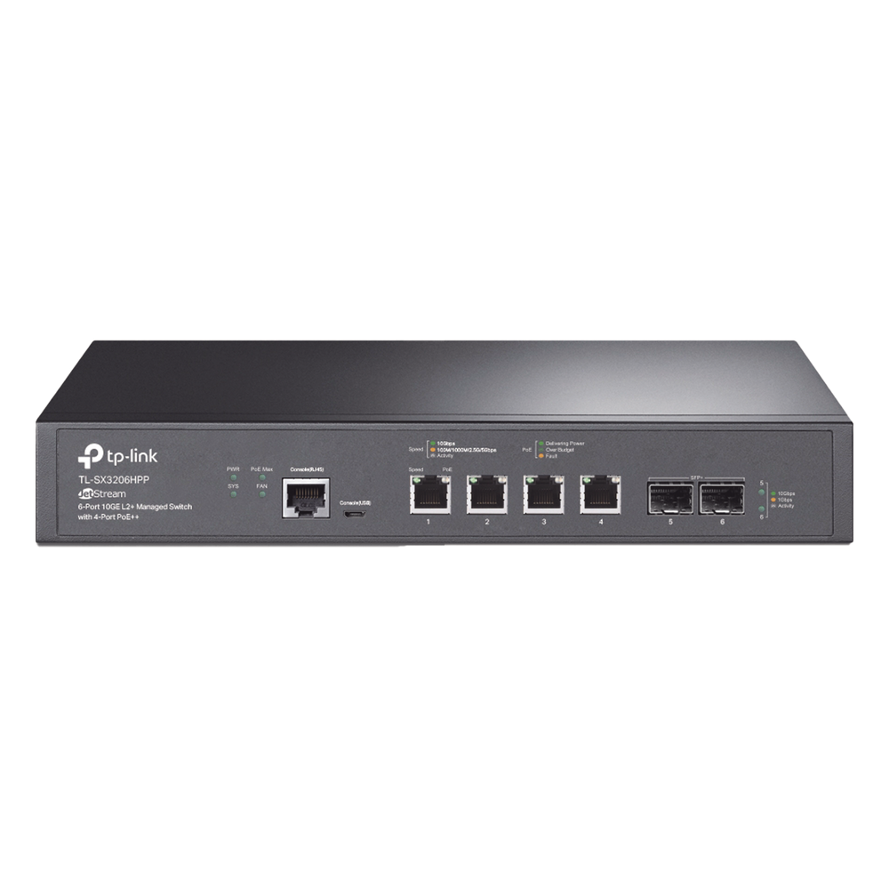 Switch L2+ PoE++ Omada 6 Puertos 10G / 4 Puertos 802.3 af/at/bt  Multi-Gigabit  1G, 2.5G, 5G, 10G / 2 Puertos SFP+ 10G / Multicast IGMP / Adminstración Centralizada Omada o Stand-Alone / Presupuesto PoE 200W / Montaje Rack-Escritorio