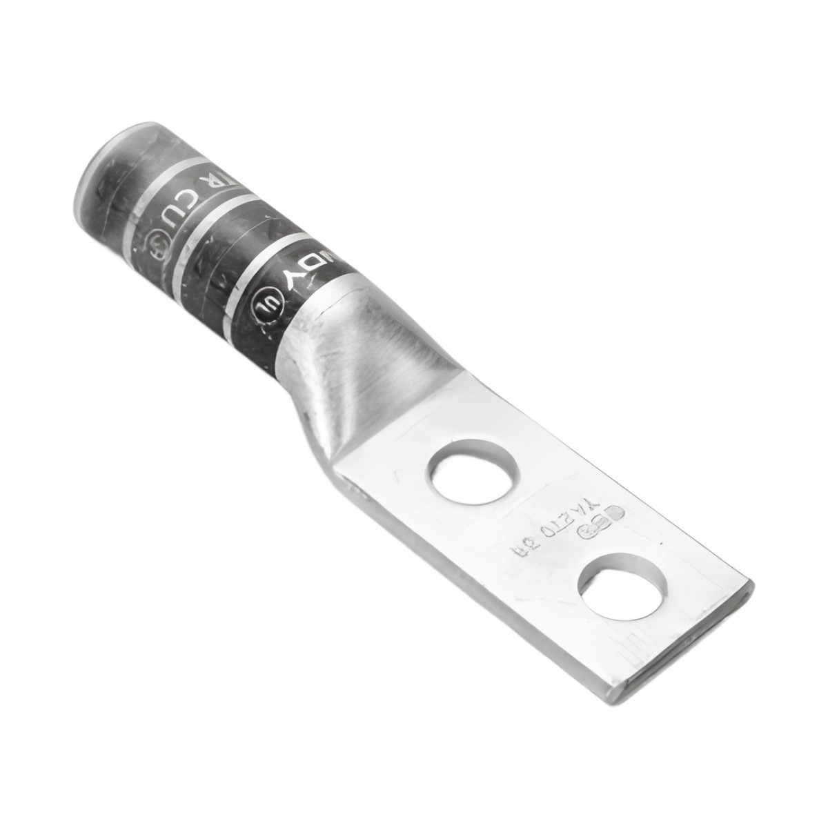 Zapata Terminal de Compresión de Barril Largo con Doble Ojillo para Tornillo 1/4" y Cable 6 AWG / Espaciado de 5/8".