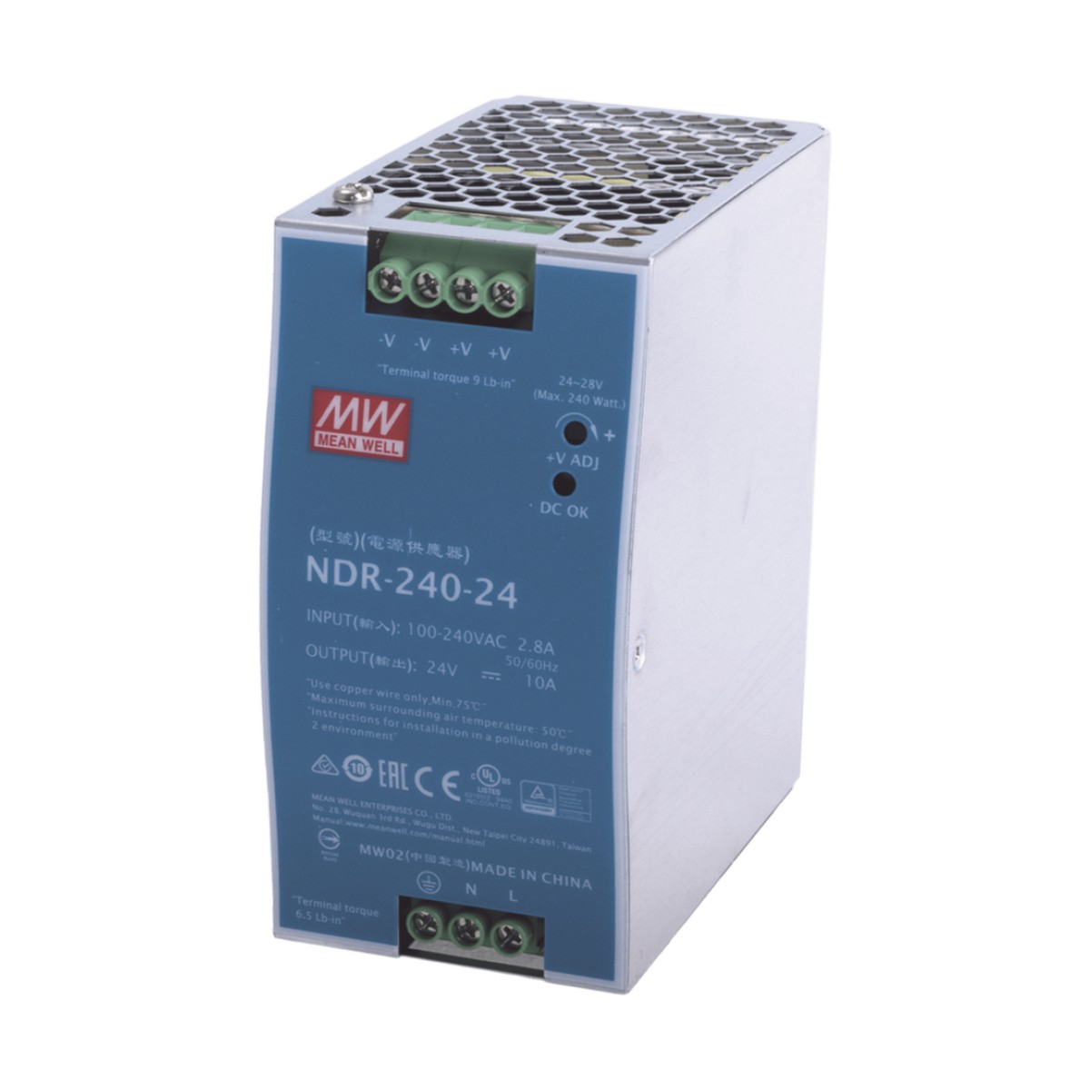 Fuente de poder industrial para riel DIN / 240W / 24Vcc / 10A / Entrada: 90-264Vca