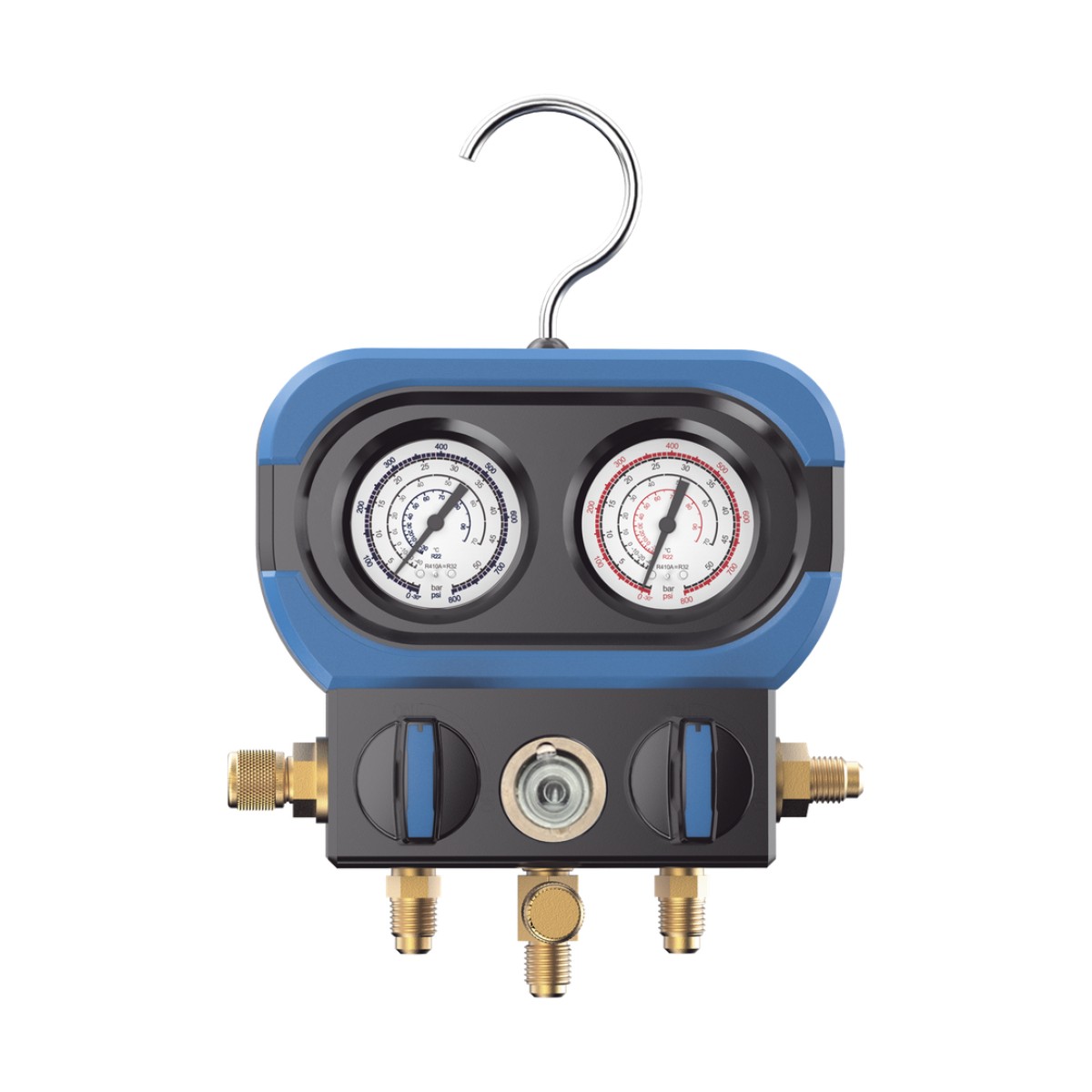 Manifold de 2 Válvulas AMAA para Refrigeración / Compatible con R22, R32/R410A, R404A, R407C / Escala de Manómetro Multigas / Interfaz 5/16" SAE / Rango de Vacío -30 inHg / Presión Máxima 500 psi / Resistente
