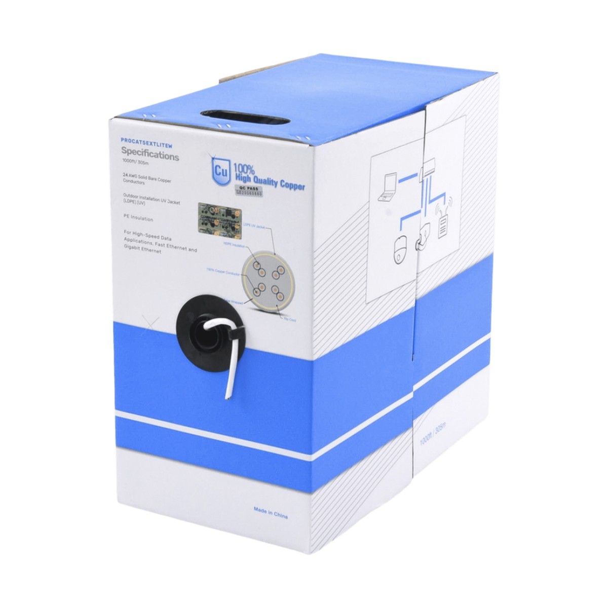Bobina de Cable UTP Cat5e para Exterior en Color Blanco / 305 Metros (1000 Pies) / Certificada UL / Sin Blindaje