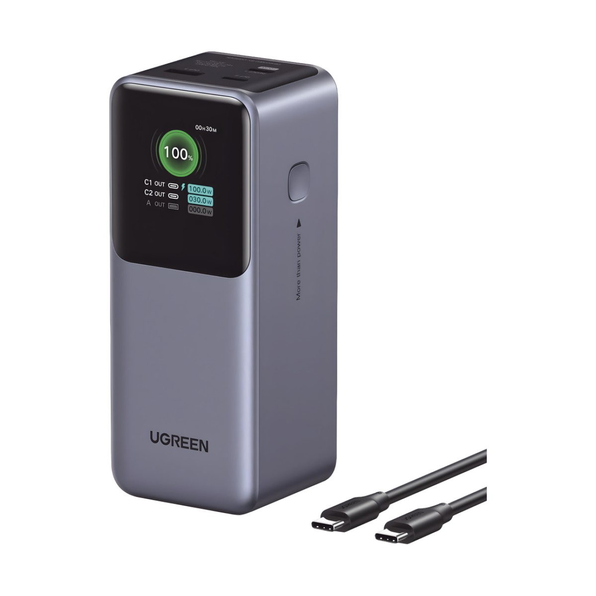 Power Bank de 20000mAh | 3 Salidas 130W Max. | USB-A + 2 USB-C | PD 3.0 | QC3.0 | FCP | SCP | Pantalla Inteligente | Carcasa Ignifuga | Color Gris | Incluye Cable USB de 50cm | Carga tu Laptop de Manera Segura.