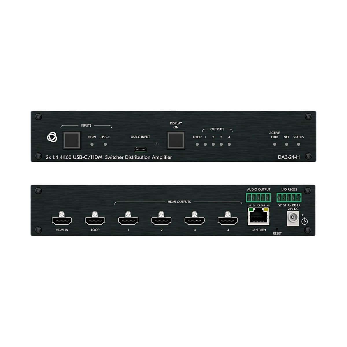 Distribuidor y Switcher 2x1:4 | 4K@60Hz 4:4:4 | HDMI 2.0b | HDCP 2.3 | 18Gbps | EDID Inteligente | Escalado Automático | Audio Analógico | RS-232 | Alimentación 20 VDC | Montaje en Rack 1U | 21.46 cm x 16.30 cm x 4.36 cm (8.45 in x 6.