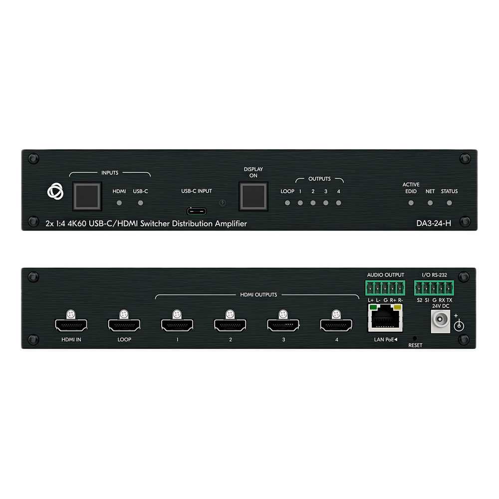 Distribuidor y Switcher 2x1:4 | 4K@60Hz 4:4:4 | HDMI 2.0b | HDCP 2.3 | 18Gbps | EDID Inteligente | Escalado Automático | Audio Analógico | RS-232 | Alimentación 20 VDC | Montaje en Rack 1U | 21.46 cm x 16.30 cm x 4.36 cm (8.45 in x 6.