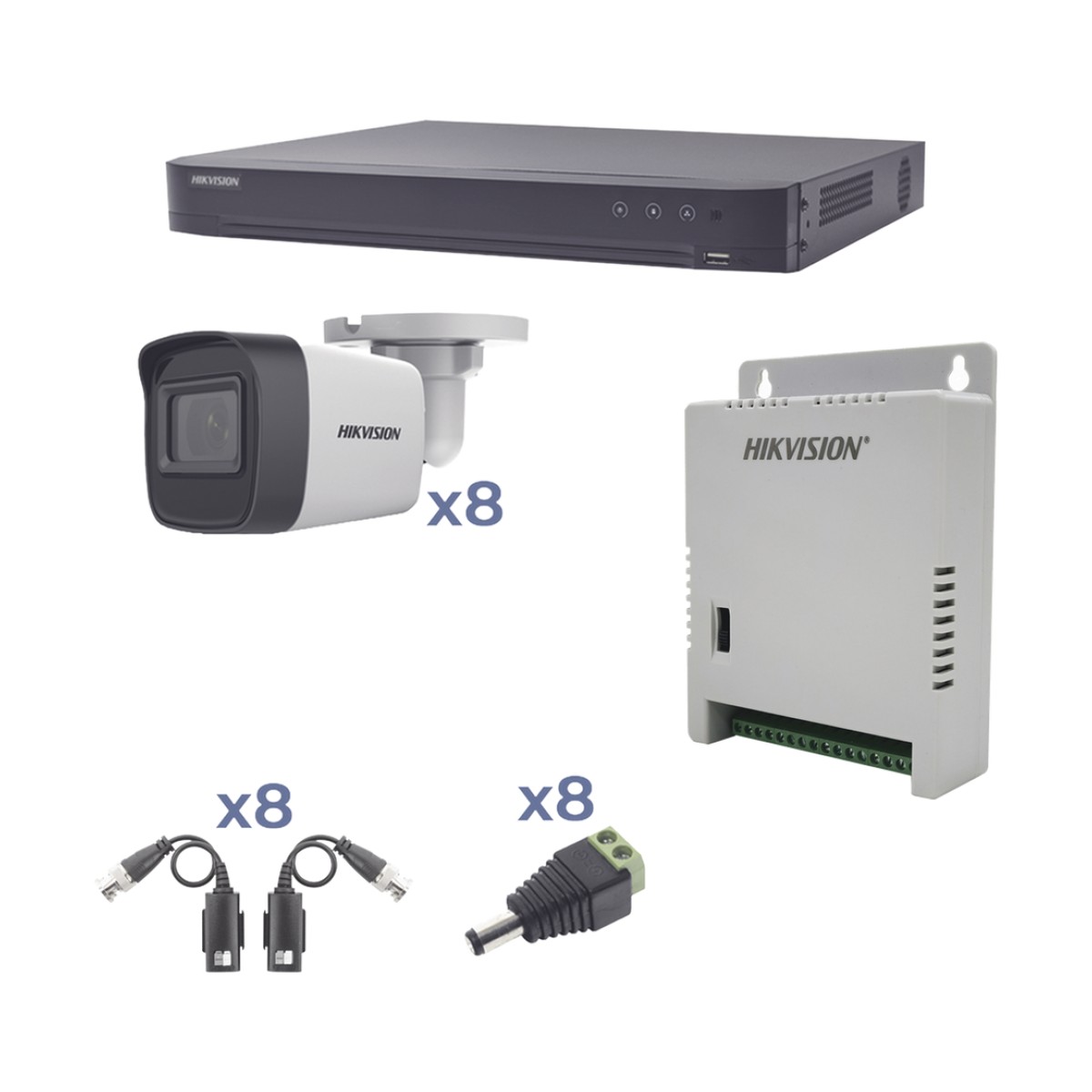 KIT TurboHD 1080p / DVR 8 Canales / 8 Cámaras Bala (exterior 2.8 mm) / Transceptores / Conectores / Fuente de Poder Profesional hasta 15 Vcc para Larga Distancia