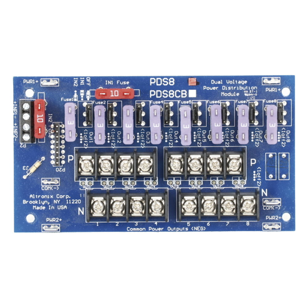 Módulo Distribuidor de Energía / 8 Salidas / Entrada Dual 5-24VDC @10A o 16-28VAC @14A / Salidas Seleccionables / Apagado Individual por Servicio