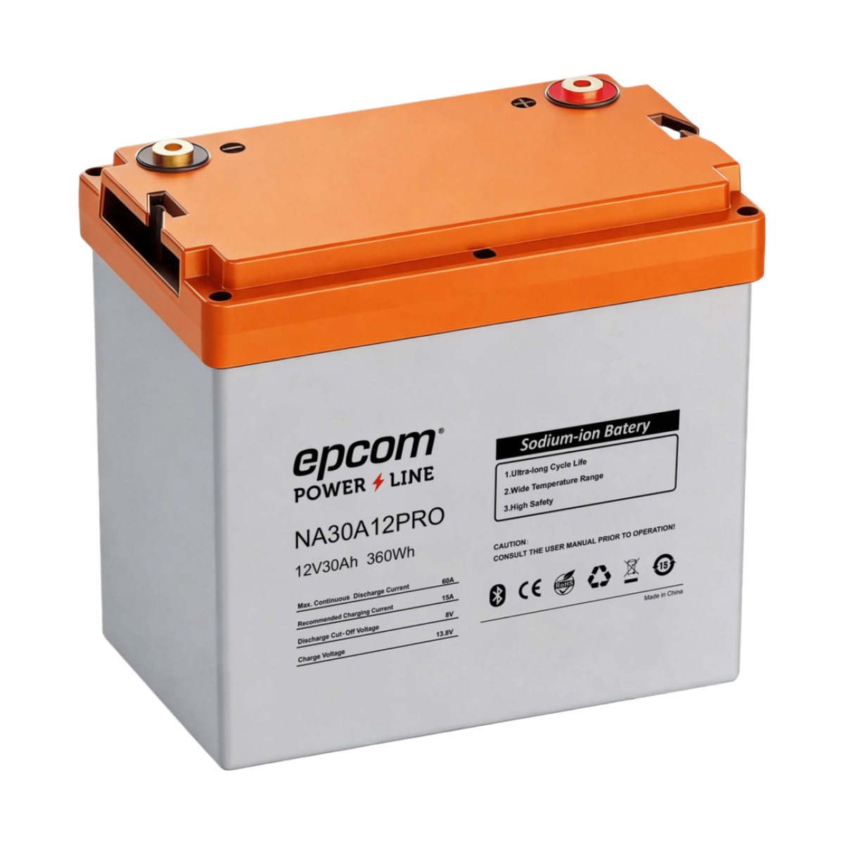 Batería de Iones de Sodio Ciclo Profundo / 12 Vcc 30 Ah / 360 Wh / 4000 Ciclos / Bluetooth / IP65 / Solar, Marina, Respaldo