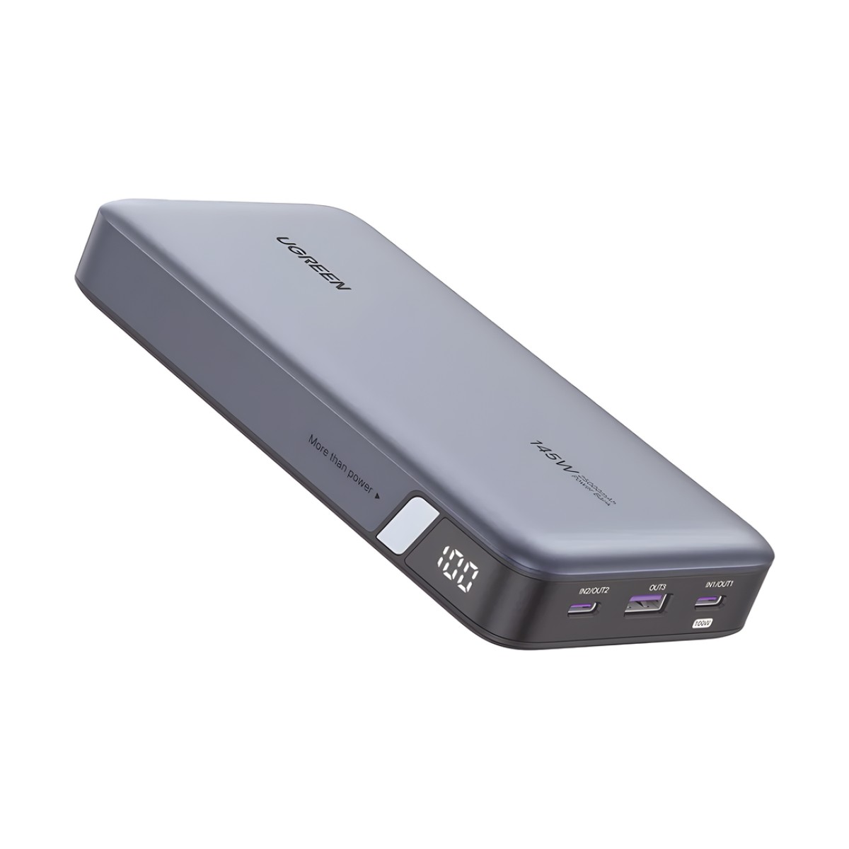 Power Bank de 25000mAh | 3 Salidas 145W Max. | USB-A + 2 USB-C | PD 3.0, QC3.0 | FCP | SCP | Pantalla Inteligente | Carcasa Ignifuga | Color Gris | Incluye Cable USB de 50cm | Carga tu Laptop de Manera Segura.