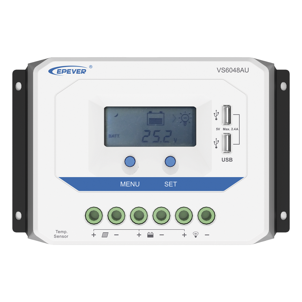 Controlador Solar PWM / 60A / 12/24V/36/48V / Doble USB / Pantalla LCD / Tierra Positivo Común
