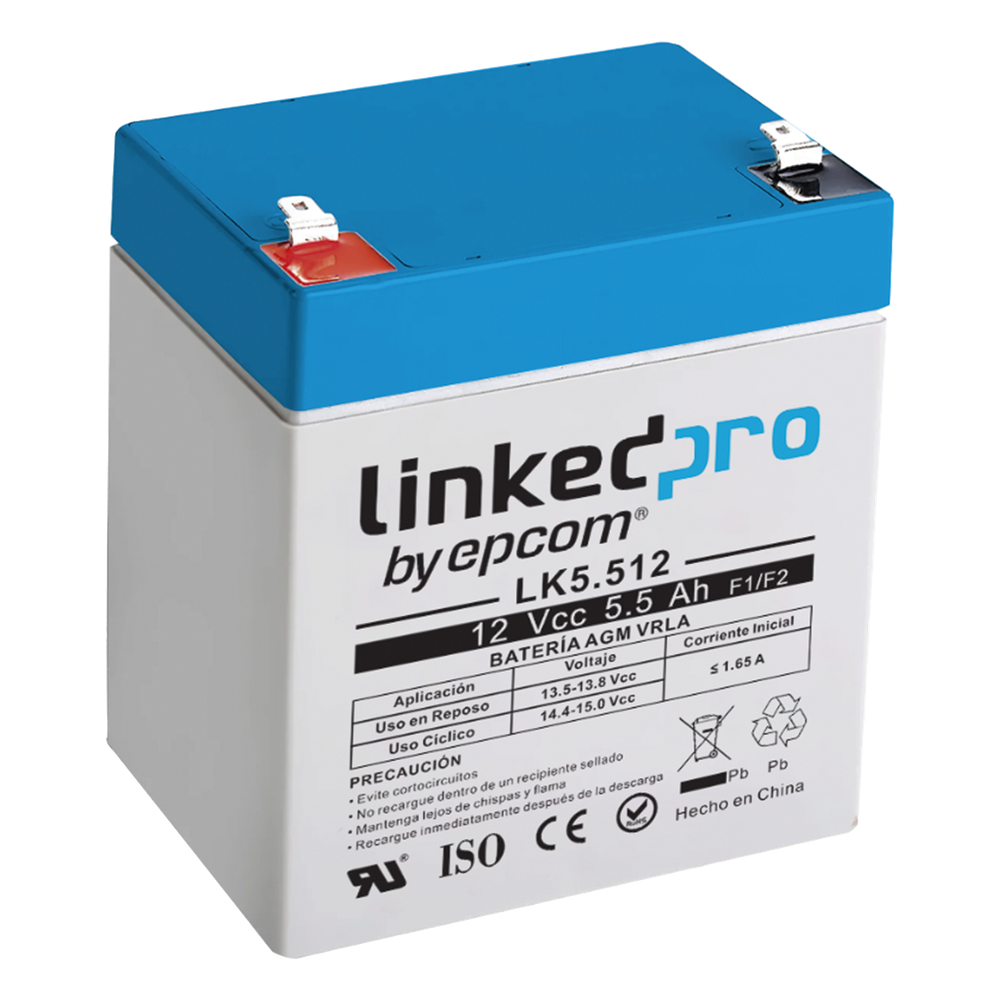 Batería de respaldo 12 V  |  5.5 Ah  |  AGM | Especial para Seguridad Electrónica | UPS | Sistemas de Emergencia  | Vida útil 5 años | Terminales F1  + Adaptador F2