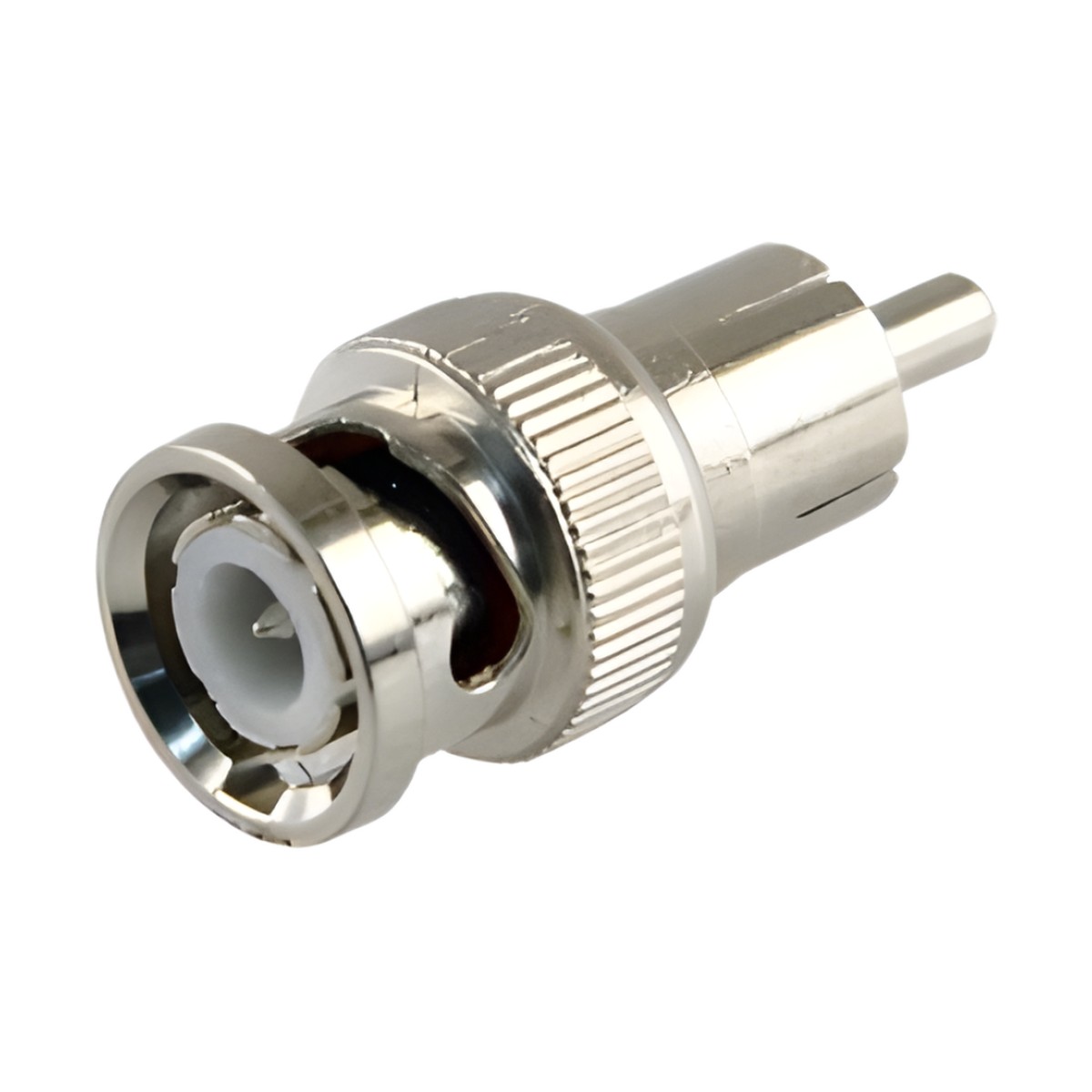 Adaptador en Línea para 75 Ohm, de Conector BNC Macho a RCA Macho en Aplicaciones de Audio-Video para Cámaras, Monitores y DVR's.