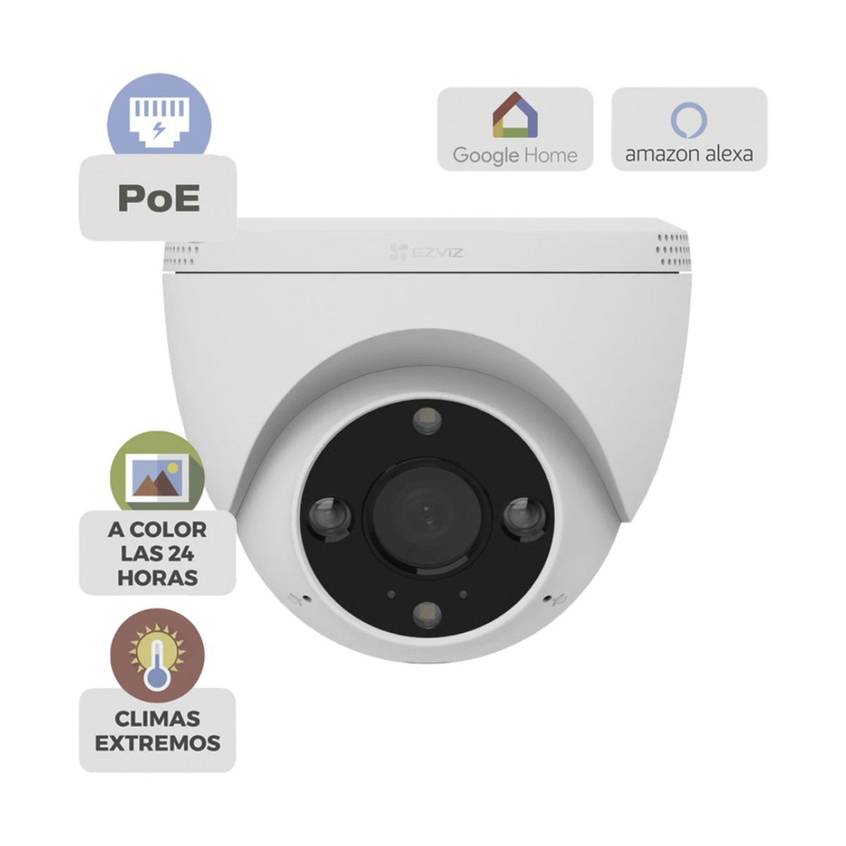 Cámara IP Domo PoE / Resolución 2K  3 Megapixel / Visión Nocturna a Color 30 m / Lente 2.8 mm 106° / Detección IA Humano/Vehículo / Audio Bidireccional / Defensa Activa con Luz y Sirena / IP67