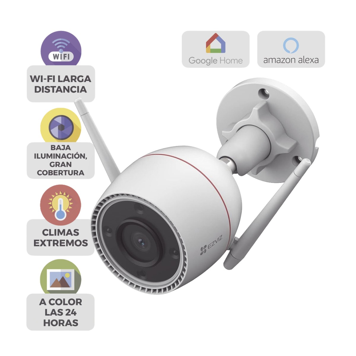 Cámara Wi-Fi / 5 Megapixel (3k) / Detección IA Personas-Vehiculos / Visión Nocturna Color / Audio Bidireccional / Alarma con Luz y Sirena / Reconocimiento por Gestos / IP67