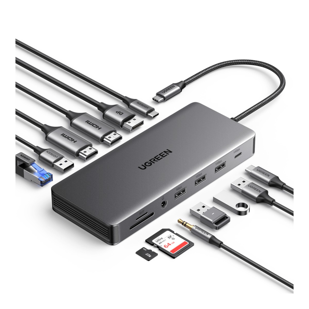Docking Station USB-C 12 en 1 / 2 HDMI 4K@60Hz + DisplayPort 4K@60Hz / 6 Puertos USB (3.2 y 3.0) / Gigabit Ethernet / Lector SD/TF / Audio 3.5mm / PD 100W / Compatibilidad Multiplataforma