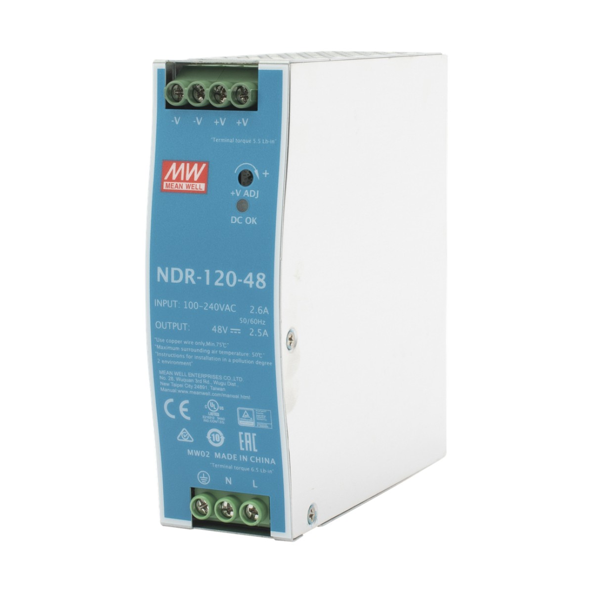 Fuente de poder industrial de 120 W, salida 48 Vcc, entrada 90~264 VCA, para montaje en riel DIN,
