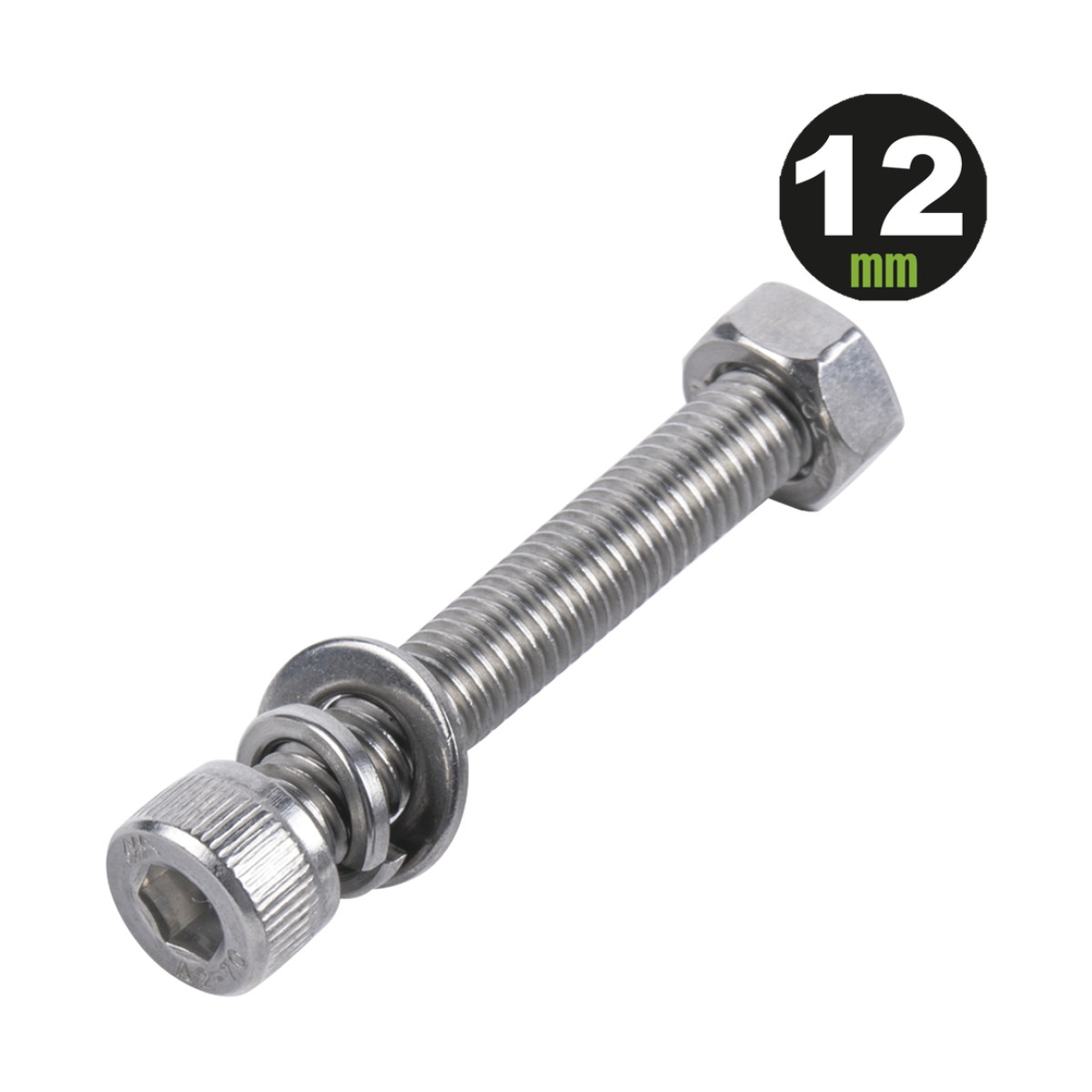 1 Tornillo Allen Milimétrico de Acero Inoxidable  M8-1.25 x 12/ Con 1 Tuerca, 1 Arandela de Presión y 1 Plana / Para Montajes de Módulos Foto Voltaicos .