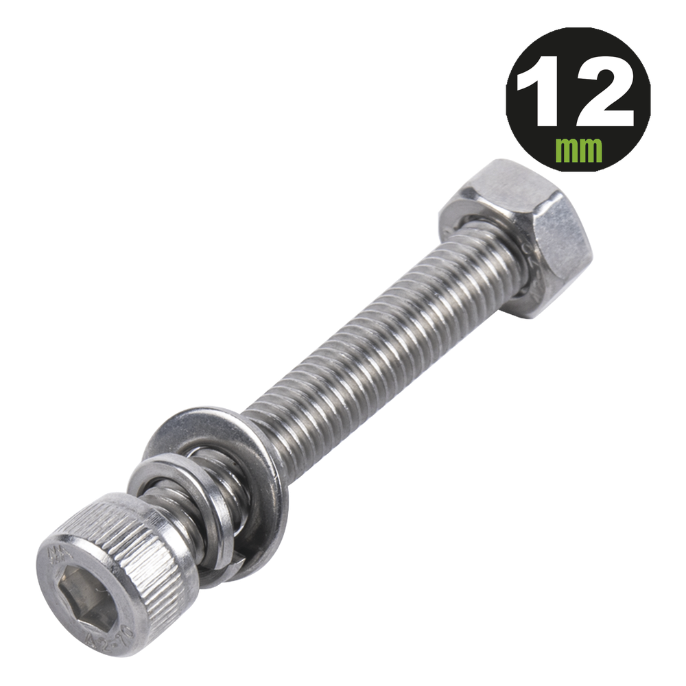 1 Tornillo Allen Milimétrico de Acero Inoxidable  M8-1.25 x 12/ Con 1 Tuerca, 1 Arandela de Presión y 1 Plana / Para Montajes de Módulos Foto Voltaicos .