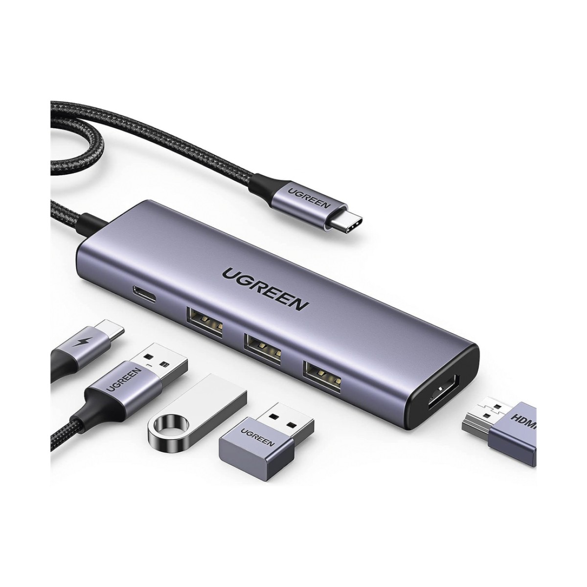 HUB USB-C (Docking Station) 5 en 1 | HDMI 2.0 4K@30Hz | 3 USB-A 3.0 (5Gbps) | USB-C PD Carga 100W | Potente Disipación de Calor | Chip de Ultima Generación | Cable de Nylon Trenzado de 25 cm | Carcasa de Aluminio.