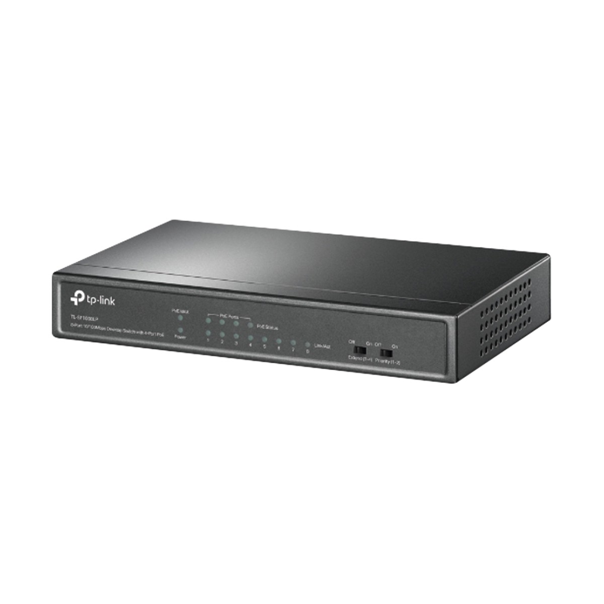 Switch PoE No Administrable de Escritorio / 8 puertos 10/100 Mbps / 4 puertos PoE af / Presupuesto 41 W / Modo extensor PoE hasta 250 metros / Calidad video prioritaria