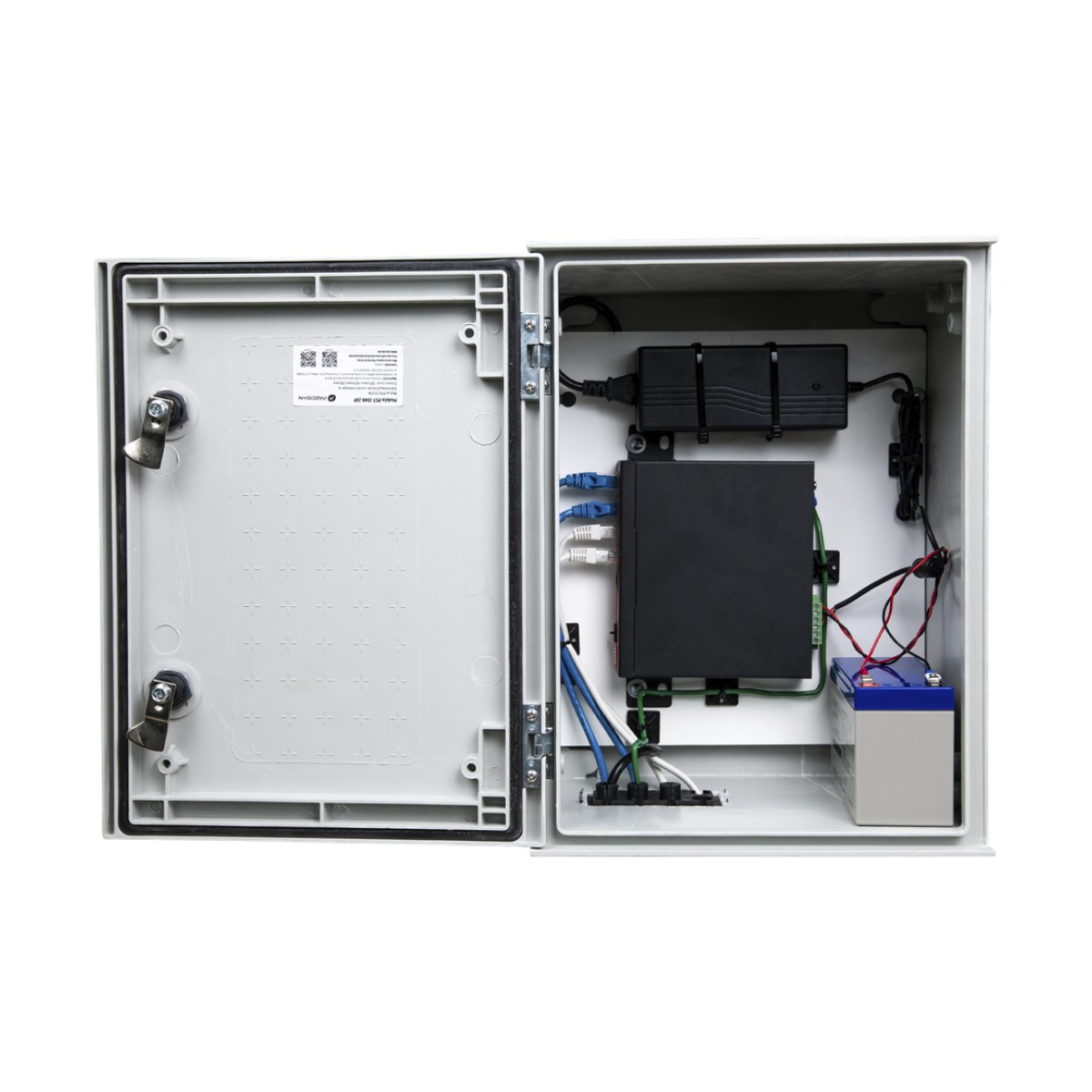 KIT de Gabinete de Poliéster (300 x 400 x 200 mm) + Controlador de Carga con Switch PoE (5) + Batería de 12V 7Ah