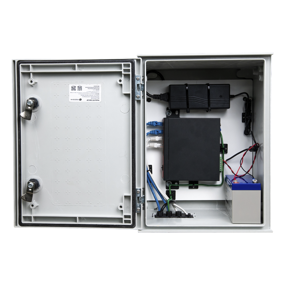 KIT de Gabinete de Poliéster (300 x 400 x 200 mm) + Controlador de Carga con Switch PoE (5) + Batería de 12V 7Ah