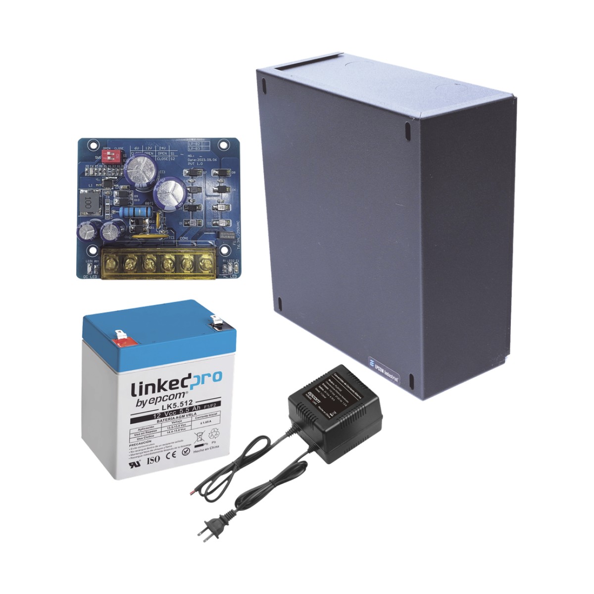 Kit con fuente PLB2 con salida de 12 Vcc a 1.5 Amper, incluye transformador y batería de 12 V a 5.5 Amper