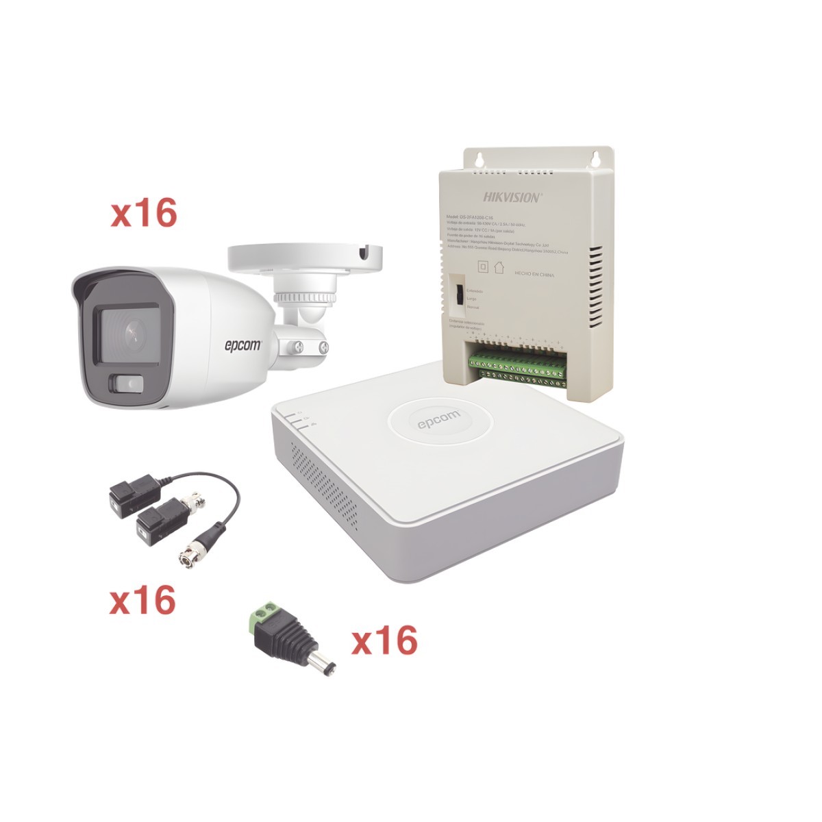 Kit TurboHD 1080p Lite / DVR 16 Canales / 16 Cámaras Bala Exterior ( 2.8mm) con ColorVu + Micrófono Integado / Transceptores / Conectores / Fuente de Poder Profesional