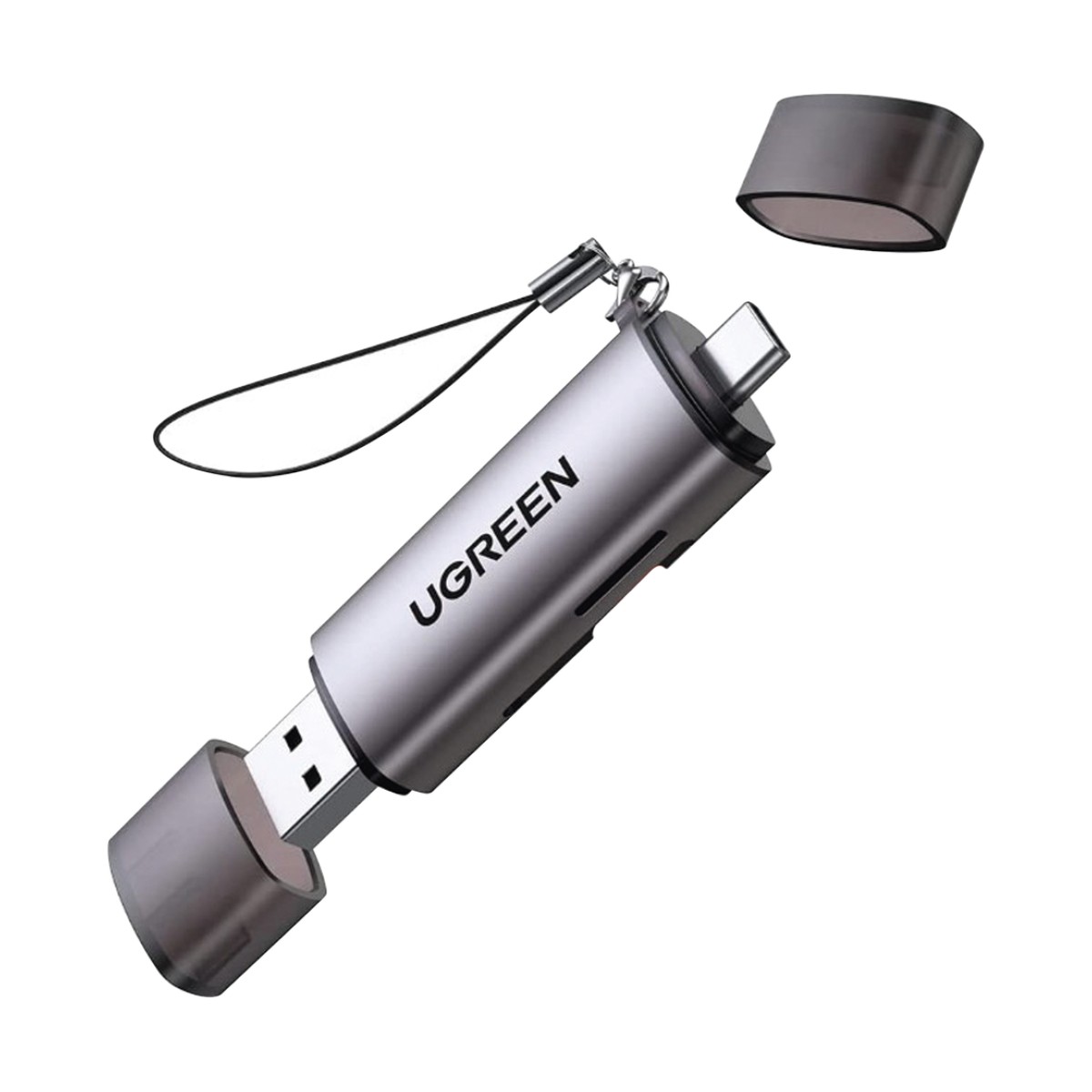 Lector de Tarjetas USB-C + USB-A a MicroSD (TF)/SD | OTG | USB-C 3.1 | 5Gbps | Soporta hasta 2TB | Soporta Windows/Mac OS/Linux/Android | Lectura de Tarjetas Simultánea | Caja de Aluminio | Llavero Anti-perdida.